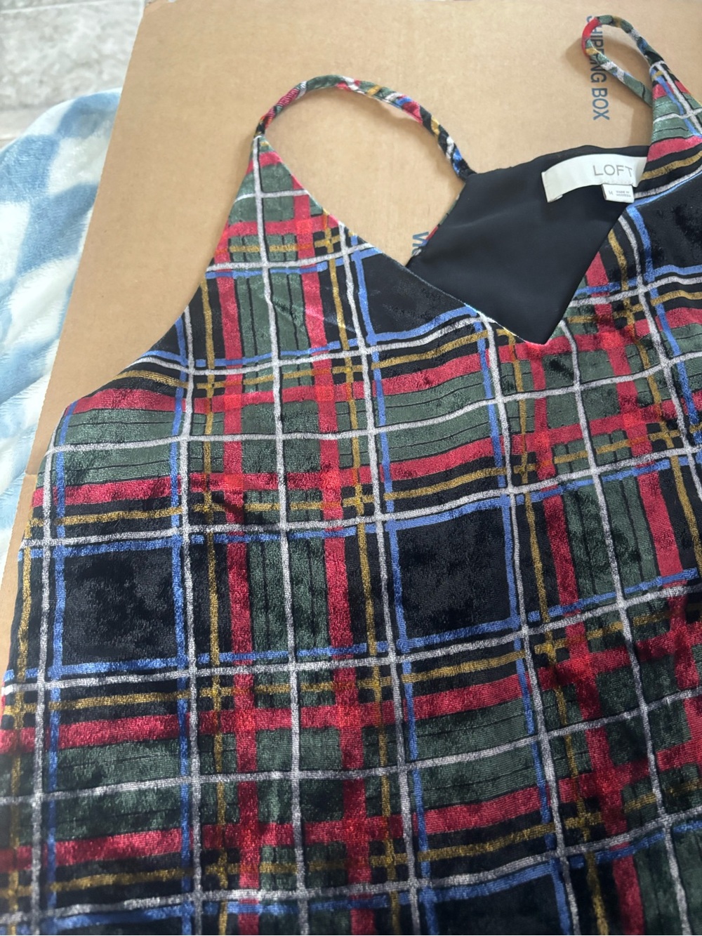 LOFT Plaid Velvet V-Neck Spaghetti Strap Festive Glam Party Tank Feminine Girly - Picture 9 of 9